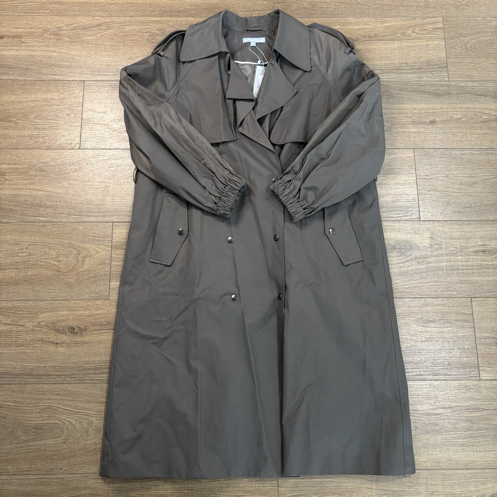 NWT Antonio Melanie Quincey Trench Coat Grey Satin Lined Maxi Sz L Waterproof